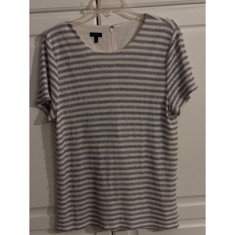 Talbots Womens Grey White Striped Eyelash Fringe Sequin Back Zip Top Size M